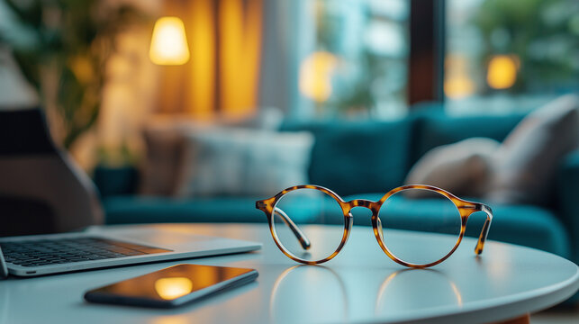 Eyeglasses and Technology: A pair of glasses placed next to a laptop and smartphone on a sleek table, showcasing a modern work-from-home setup with warm, diffused lighting.