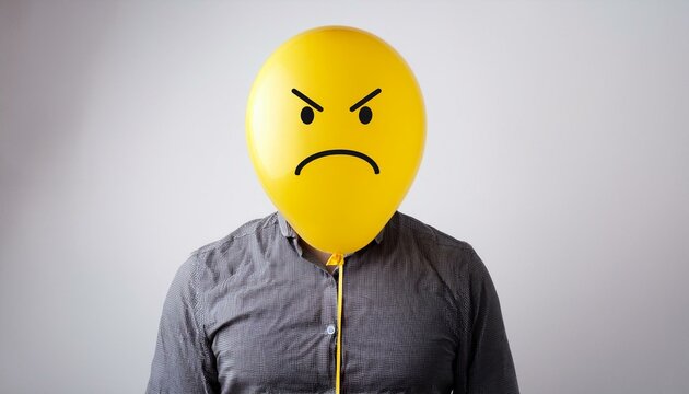 Anonymous man with angry yellow balloon instead of head. Portrait isolated on white background.
