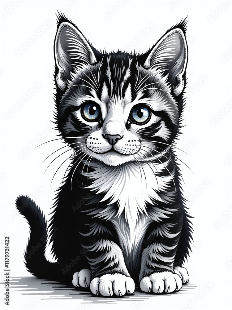 Poster a black and white graphic portrait of a cat is isolated on a pure white background for visual impact
