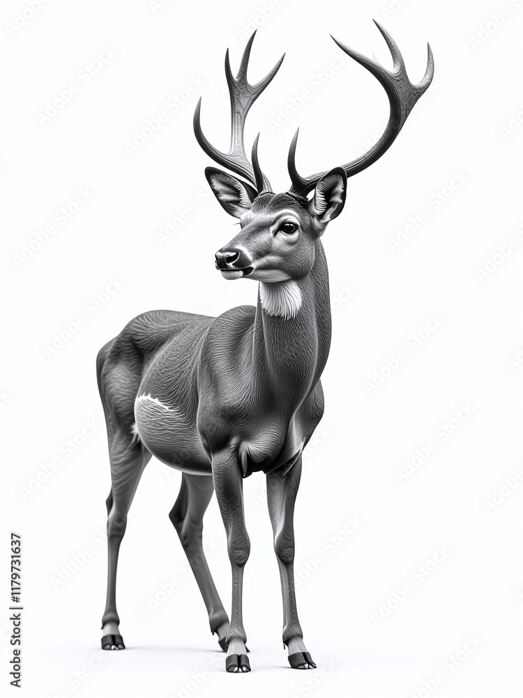 Poster a black and white graphic image of a single deer is isolated against a pure white background for con