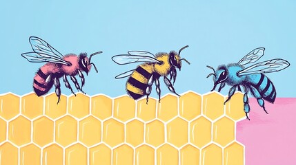Vibrant Bee Illustration: Three Honeybees Buzzing on Honeycomb. AI Generated