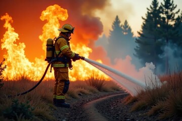 Naklejka premium Firefighter battling wildfire, hose spraying water, disaster relief, gear