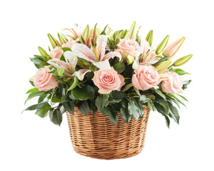 Obraz premium Beautiful flower arrangement with pink roses and lilies in a woven basket.
