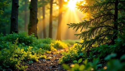 Fototapeta premium Golden sunlight filters through dense, vibrant green conifers , photography, landscape