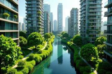 Fototapeta premium Green spaces integrated with contemporary high-rises , city, living