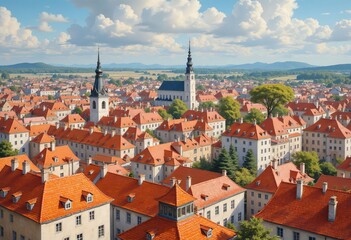 Obraz premium Cityscape view with red roofs and two church spires