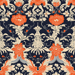 Bold floral pattern on a dark background, featuring intricate designs in red and cream, ideal for textiles and home décor.