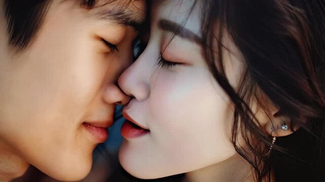 close up portrait of beautiful asian couple kissing