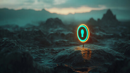 Glowing keyhole sign on a dark, rocky landscape.