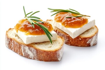 Delicious brie and apricot jam sandwiches on a white background