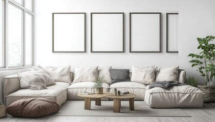 Modern Minimalist Living Room Interior Design with Wooden Furniture and Abstract Art