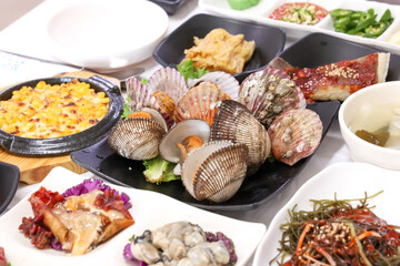 Korean seafood food. Steamed clams