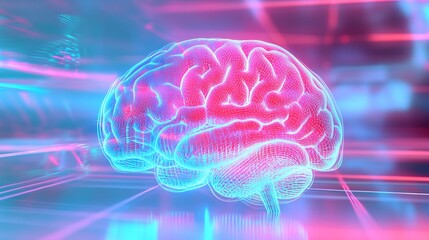Vibrant Digital Illustration: Neon-Lit Brain Glowing Mysteriously in Cyberspace. AI Generated
