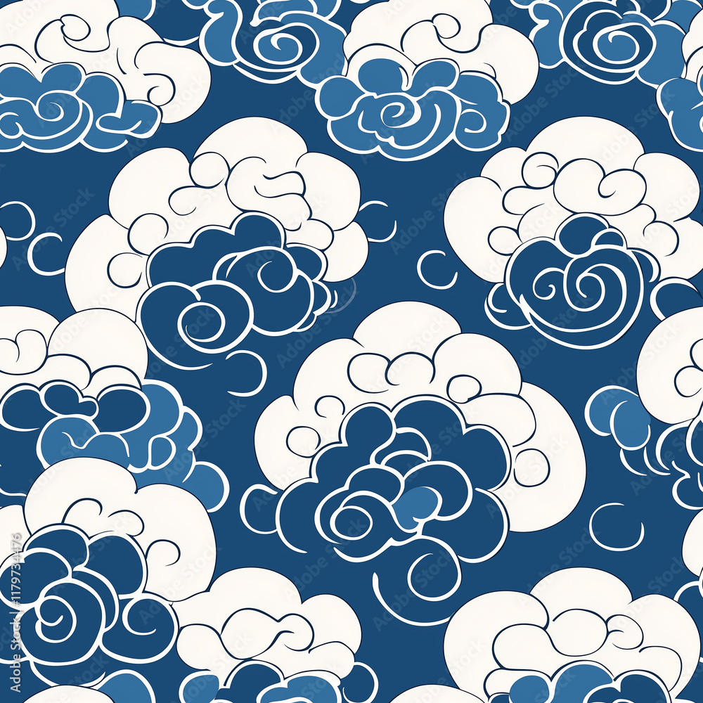 Poster blue background featuring stylized white clouds with swirling patterns, creating a decorative and ar