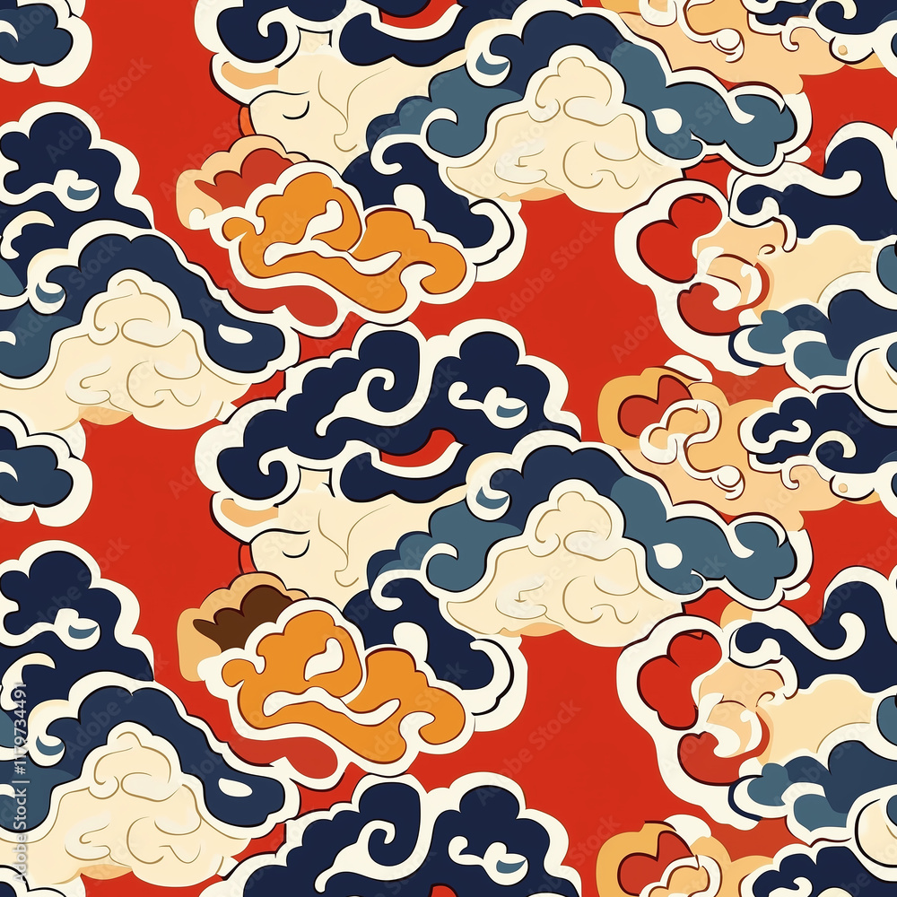 Poster vibrant pattern featuring stylized clouds in various colors on a bold red background, ideal for text