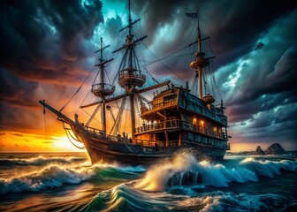 Obraz premium Long Exposure Pirate Ship Galley at Night - Dramatic Ocean Scene