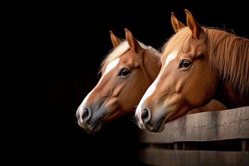 Obraz premium Two beautiful horses with chestnut coats and white manes peer over a wooden fence in this captivating close-up portrait, set against a dark, minimalistic background.