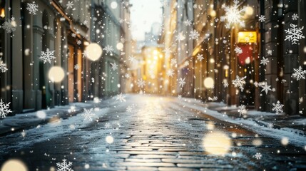 A snowy street with a bright light shining on it