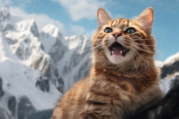 Obraz premium Portrait of a happy javanese cat in pristine snowy mountain