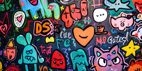 Obraz premium Colorful Cartoon Characters and Abstract Shapes on Dark Background