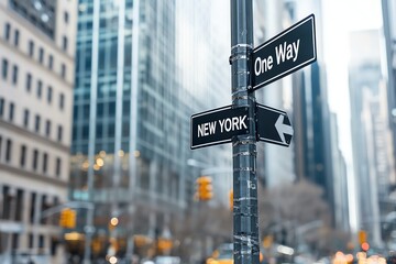 A bustling New York City street corner with blurred skyscrapers and traffic, showcasing the iconic urban life and direction signs on a bright day.