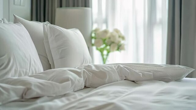 close up of white duvet and pillows on the bed in bright bedroom
