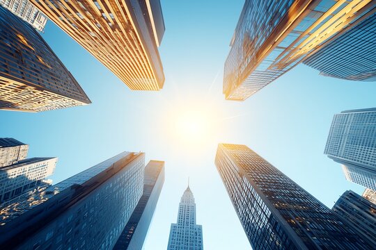 Dynamic cityscape with skyscrapers reaching towards a bright sunlit sky, symbolizing growth and ambition in urban environments, captured from a unique perspective.