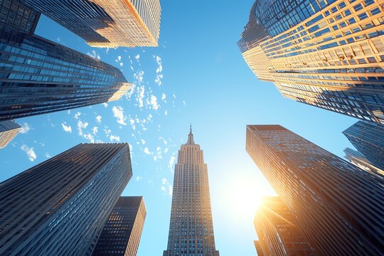 Dramatic skyline view of towering skyscrapers against a bright blue sky and shining sun, capturing the essence of modern urban architecture and city life.