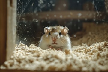 Dzungarian hamster peers through sawdust filled enclosure