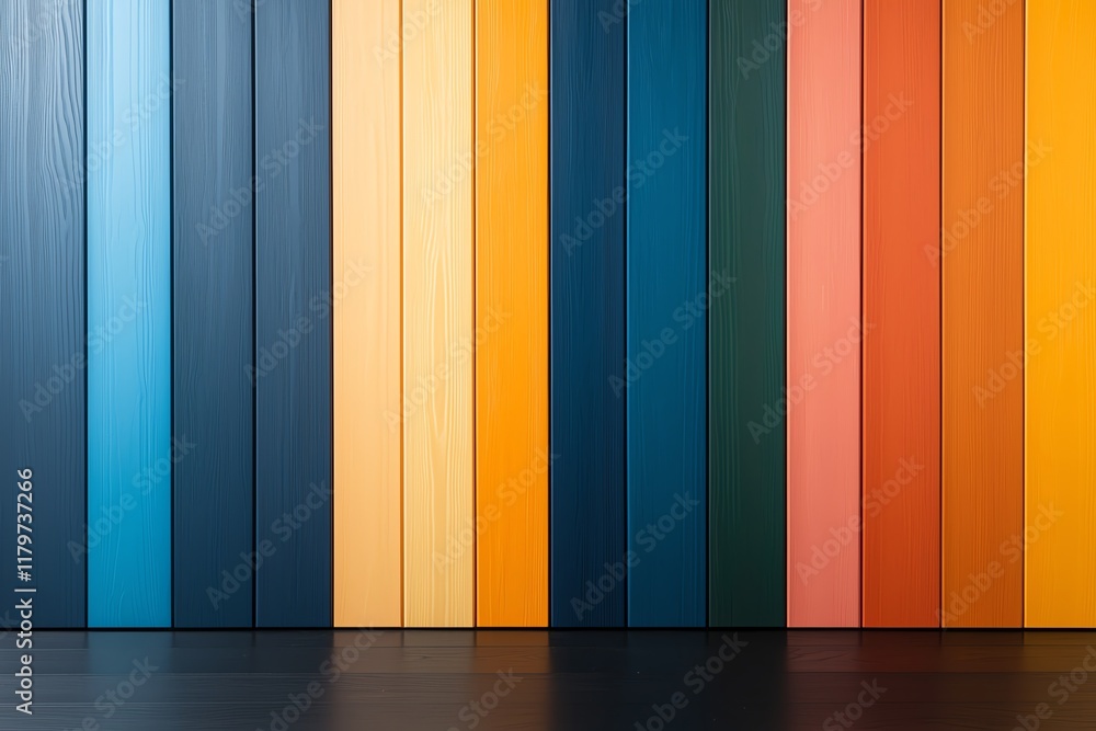 Poster a vibrant and colorful composition of vertical panels in blue, orange, and yellow hues, creating a s