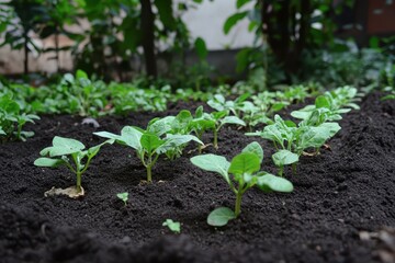 Edible plant garden featuring salad greens beet tops spinach and broad beans thriving in rich soil