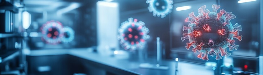 A futuristic lab featuring glowing virus models and gears, showcasing advanced biotechnology and scientific research.