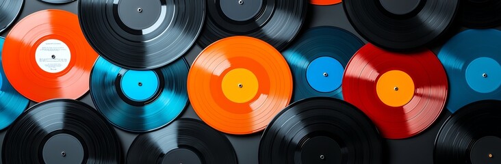 A colorful array of vinyl records laid out, showcasing a variety of music genres and styles, perfect for music lovers and collectors