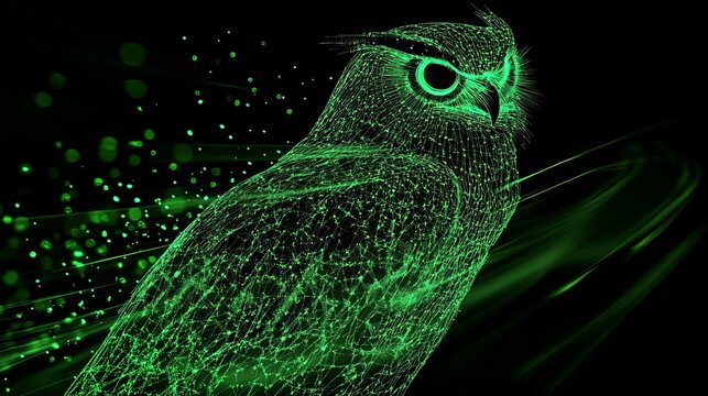 Vibrant Neon Green Owl Silhouette with Matrix-Style Digital Streams and Glitch Scatter Effects on Black Background