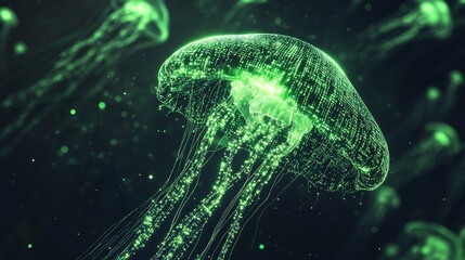 Glowing Neon Jellyfish Silhouette in Pixelated Digital Code Universe