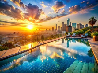 Fototapeta premium Los Angeles Luxury Pool: Double Exposure of City Skyline & Tranquil Water