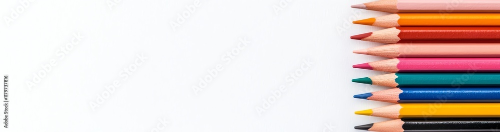 Poster a vibrant array of colored pencils neatly aligned on a stark white background. perfect for design pr