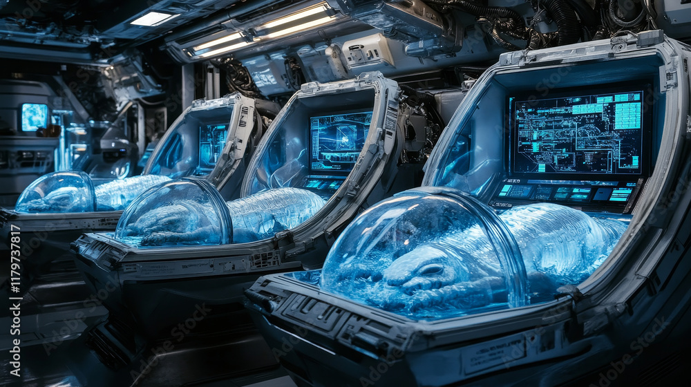 Poster futuristic science lab with space aliens in cryogenic capsules. vector cartoon illustration of space