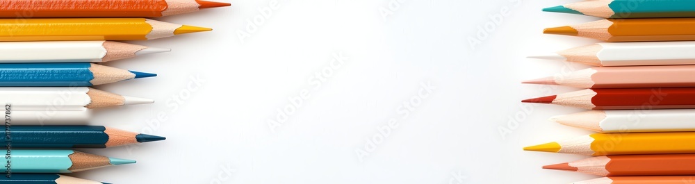 Poster colorful set of sharpened pencils arranged diagonally creating a vibrant border on a clean white bac