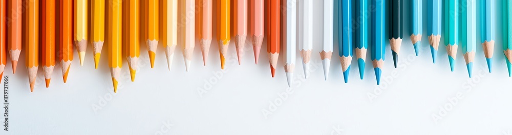Poster a vibrant array of colored pencils arranged vertically on a light background, showcasing a spectrum 