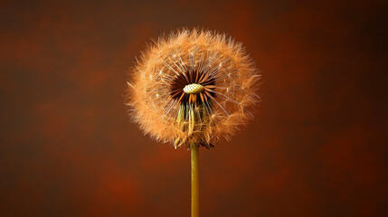 Obraz premium Dandelion seedhead on stem against textured brown backdrop, seeds dispersing.