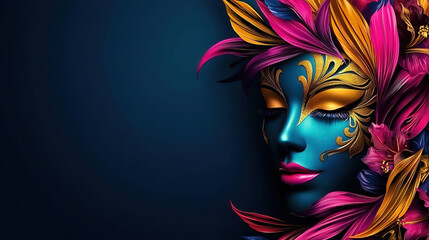 Carnival is a vibrant festival of artistic expression. People wear colorful masks. Vibrant Colorful Face with Exotic Flowers and Artistic Design