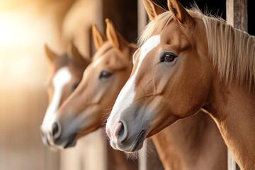 Fototapeta premium Three beautiful horses with golden coats and white blazes stand gracefully in their stables, illuminated by warm sunlight, showcasing their elegance and tranquility.