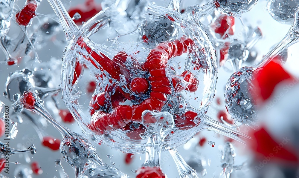 Poster abstract depiction of the immune system, vibrant colors intertwining, dynamic shapes symbolizing cel