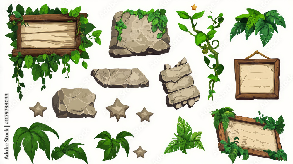 Poster jungle game ui elements with stone texture and green liana vines and tropical plant leaves. cartoon 