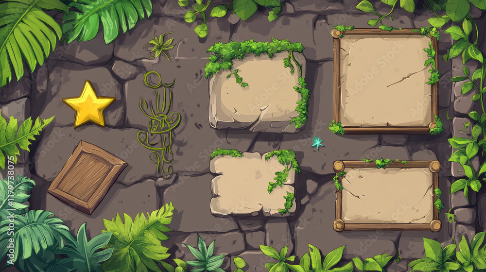 Poster jungle game ui elements with stone texture and green liana vines and tropical plant leaves. cartoon 