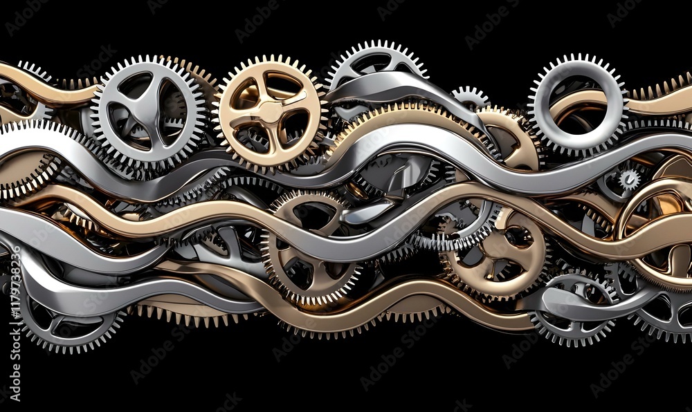 Poster interlocking gears design, a dynamic composition of abstract gears in vibrant colors, symbolizing mo