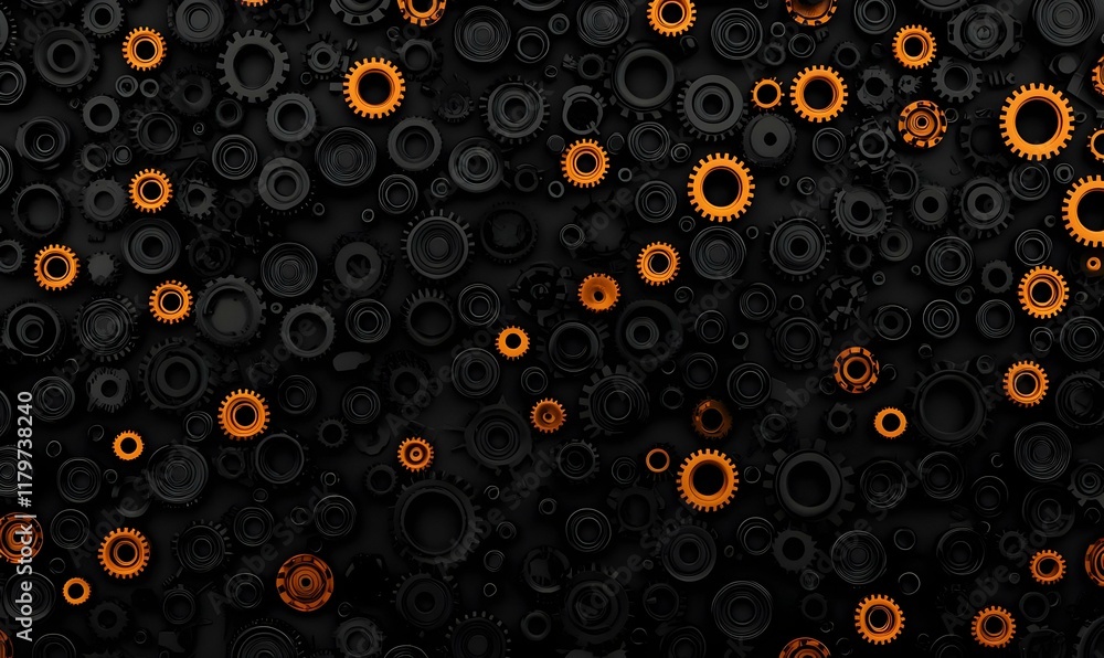 Poster interlocking mechanisms, an intricate design of abstract gears forming a seamless pattern, symbolizi