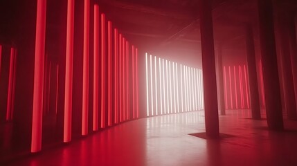 Fototapeta premium Red and White Neon Lights Illuminate Modern Corridor