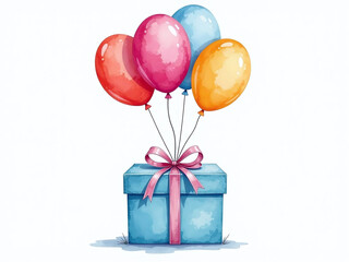 A Beautiful Watercolor Design Adorns A Blue Box Present Wrapped In Colorful Balloons Tied Up With A Ribbon. 00003